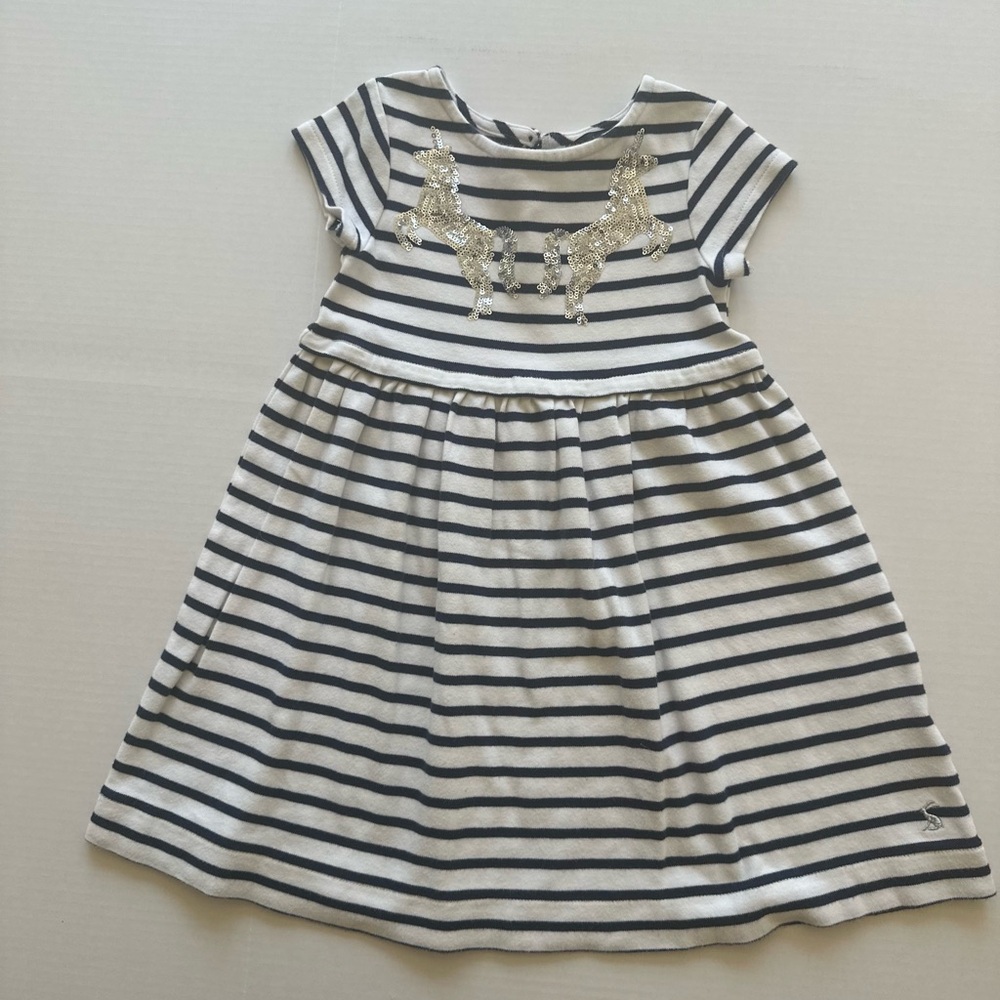 Joules Unicorn Sequin Striped Navy and White Kids Dress